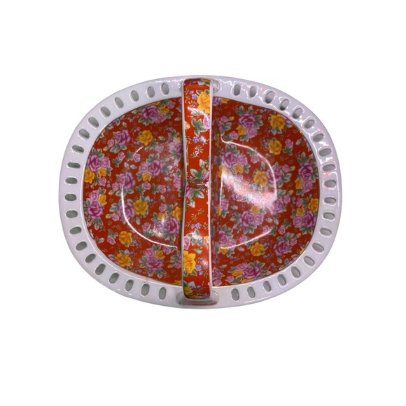 Jay & Sons Ceramic Basket Divided  w/ Handle Red White Floral Gold Rim - Picture 12 of 15